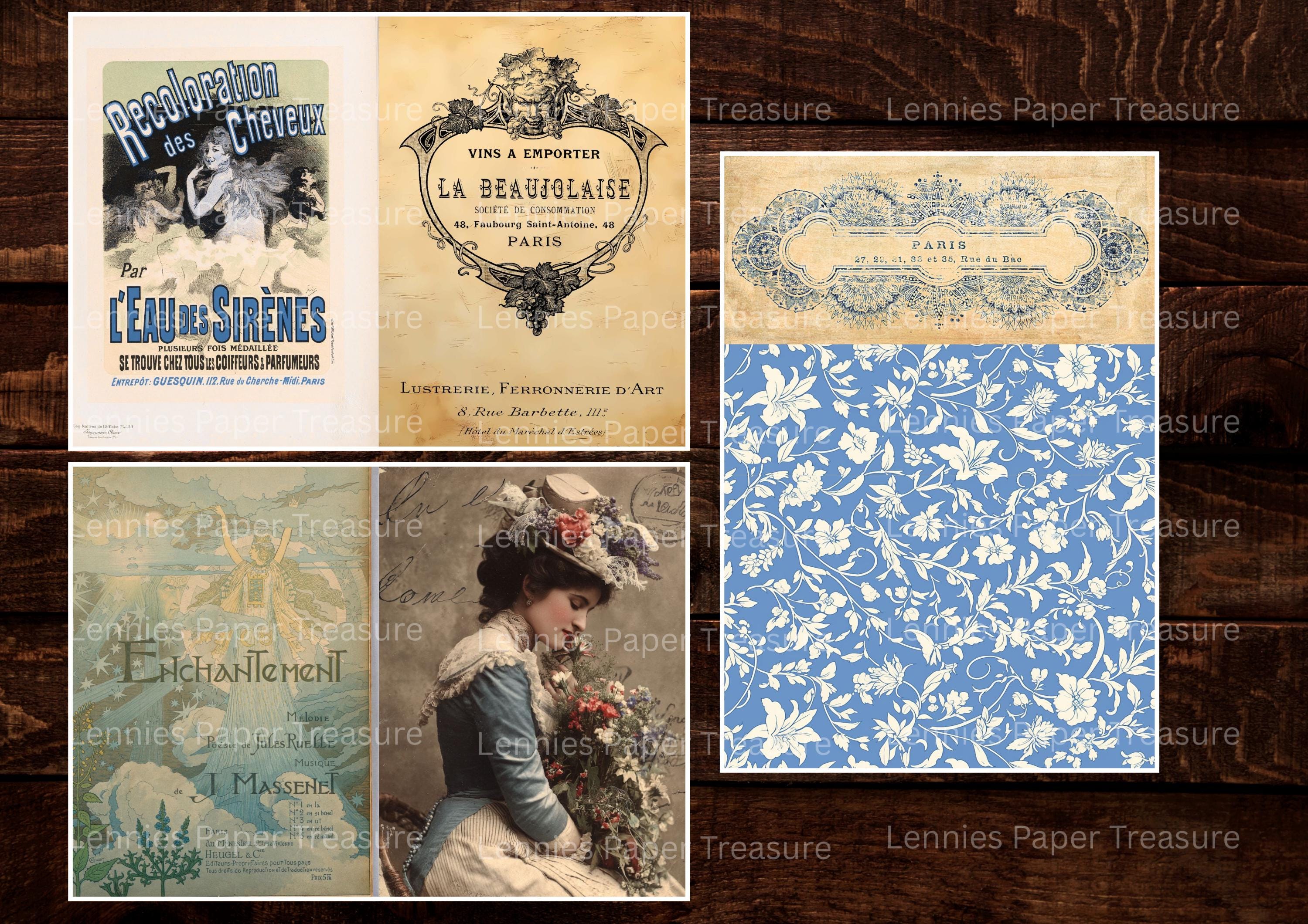 Vintage French Blue Paper Pack, Digital Download, Paris, Ephemera ...