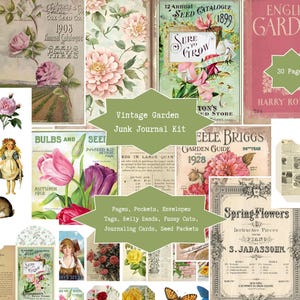 Puede incluir: Un collage de efímeras vintage con temática de jardín, que incluye portadas de libros, sobres de semillas e ilustraciones florales. El texto incluye "Vintage Garden Junk Journal Kit" y "English Gardens 30 Pages". Elementos incluyen flores, un conejo y una niña.
