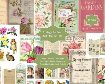 Vintage Garden Junk Journal Kit, Digital Download | Printable Paper, Seed Packets, Garden Ephemera | Flowers Botanical, Scrapbooking, Craft