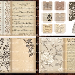 May include: A collage of vintage paper ephemera with floral and musical designs. Includes pages with sheet music, floral patterns, and botanical illustrations. Also features small paper pockets with vintage labels and designs.