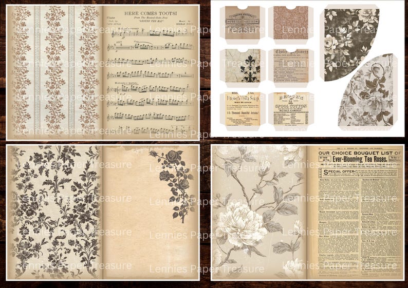 May include: A collage of vintage paper ephemera with floral and musical designs. Includes pages with sheet music, floral patterns, and botanical illustrations. Also features small paper pockets with vintage labels and designs.