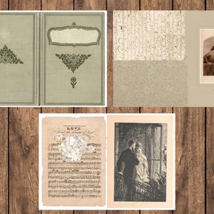 May include: A collage of vintage ephemera on a wooden background. It includes a book cover with ornate designs, a sepia-toned print of a woman, sheet music with the word "LOVE", and a black and white illustration of a couple.