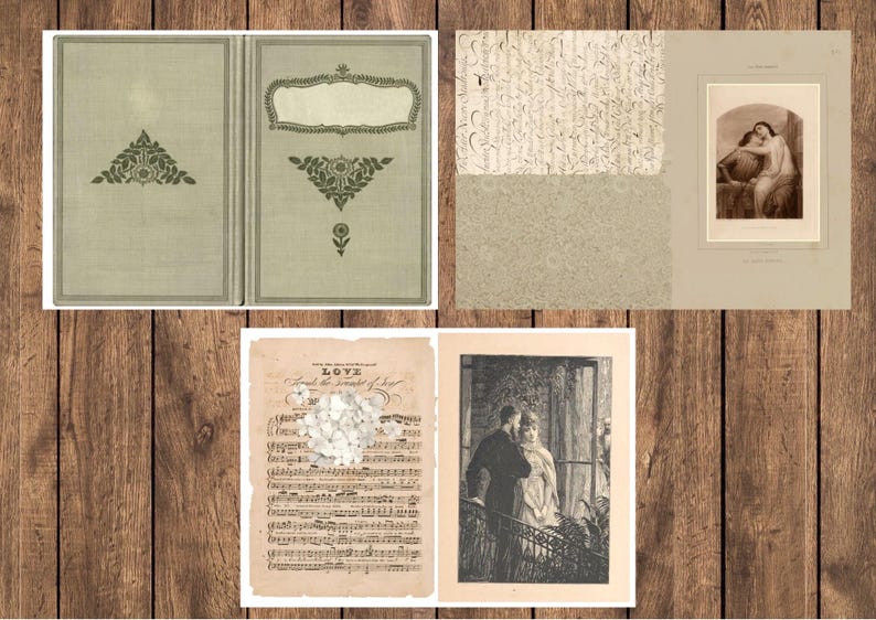 May include: A collage of vintage ephemera on a wooden background. It includes a book cover with ornate designs, a sepia-toned print of a woman, sheet music with the word "LOVE", and a black and white illustration of a couple.