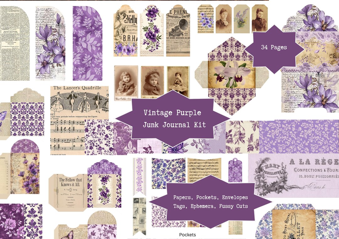 Vintage Purple Junk Journal Kit | Digital Papers, Pages, Pockets, Tags ...