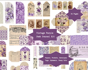 May include: A vintage purple junk journal kit with papers, pockets, envelopes, tags, ephemera, and fussy cuts. The kit includes various designs with floral and antique elements, including the text "Vintage Purple Junk Journal Kit".