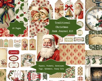 Kit de diario basura navideño vintage tradicional / Páginas de diario imprimibles, efímeras, bolsillos, adornos / Manualidades, álbumes de recortes digitales en PDF