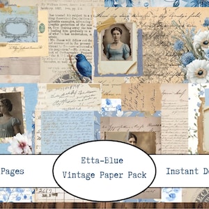 Etta-Blue Printable Junk Journal Paper Pack | Digital Download | Vintage Collage Paper Bundle | Collage Papers | Blue Floral Paper Pack