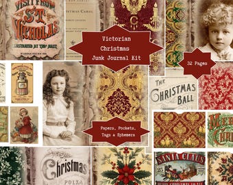 Victorian Christmas Junk Journal Kit | Digital Download, Vintage Pages Papers Pockets Ephemera | Printable Holiday Scrapbook Craft Supplies
