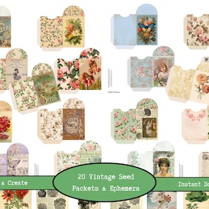 Puede incluir: Una colección de 20 paquetes de semillas y efímeras vintage, con varios diseños florales y botánicos. Los paquetes muestran una variedad de colores, incluyendo rosa, amarillo y verde, con algunos mostrando ilustraciones de flores y mariposas. El texto "Print & Create" y "Instant Download" son visibles.