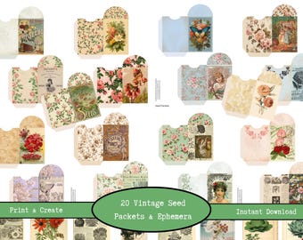 Paquetes de semillas vintage, efímeros digitales / Paquetes de semillas de flores, diario de jardinería, recortes de jardinería imprimibles / Descarga digital