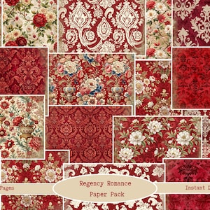 May include: A collection of patterned papers in red, cream, and white. The designs include floral and damask patterns. The text "Regency Romance Paper Pack" and "20 Pages" is displayed on the image.