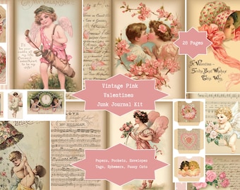 Vintage Pink Valentines Junk Journal Kit | Digital Download | Papers, Ephemera, Fussy Cuts | Shabby Chic Roses, Cherubs, Love Scrapbook Pack