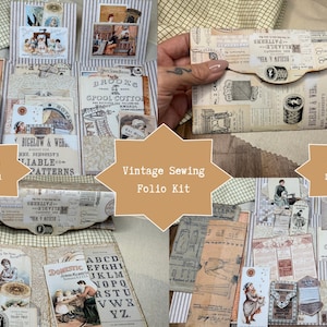 May include: A vintage sewing folio kit featuring paper ephemera with sepia-toned illustrations of sewing machines, spools of thread, and Victorian-era figures. The kit includes folded envelopes, printed alphabet charts, and instructional text.