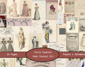 Kit de diario vintage de moda parisina / Paquete de papel imprimible / Digitales franceses victorianos / Efímeras / Recortes recargados / Collages franceses desgastados