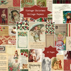 May include: A collage of vintage Christmas-themed papers. The papers feature illustrations of Santa Claus, children, holly, and text including "Merry Christmas" and "A Christmas Carol." The collage includes the text "Vintage Christmas Collage Papers" and "22 Pages."