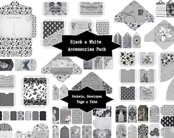 Vintage Black & White Accessories Pack, Digital Junk Journal, Scrapbooking Embellishments Kit, DIY Envelopes, Pockets, Tags, Tabs, Ink Saver
