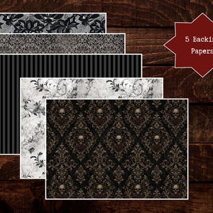 Puede incluir: Un conjunto de cinco papeles de fondo rectangulares con patrones distintos que incluyen encaje negro, damasco gris, rayas verticales negras y grises, un motivo floral blanco y gris, y un estampado de damasco negro con calaveras.