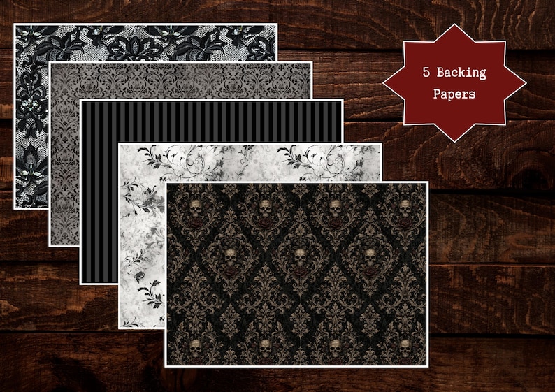 Puede incluir: Un conjunto de cinco papeles de fondo rectangulares con patrones distintos que incluyen encaje negro, damasco gris, rayas verticales negras y grises, un motivo floral blanco y gris, y un estampado de damasco negro con calaveras.