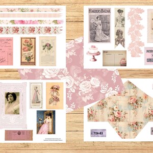 May include: A collage of vintage ephemera featuring floral patterns, old advertisements, and portraits. Elements include floral washi tape, a Harper's Bazaar cover, and a recipe card. The color palette is soft pinks, creams, and muted greens.