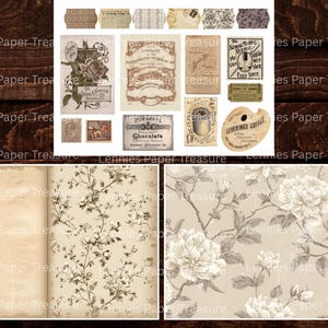 May include: A collection of vintage-style digital papers and ephemera. Includes floral patterns, botanical illustrations, and antique labels with text. The color palette features beige, brown, and cream tones, suitable for scrapbooking and crafting projects.