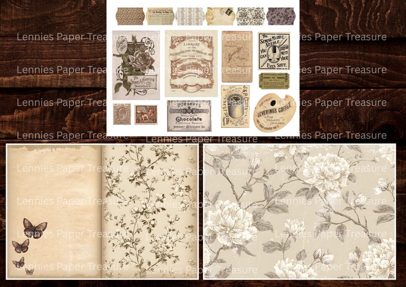 May include: A collection of vintage-style digital papers and ephemera. Includes floral patterns, botanical illustrations, and antique labels with text. The color palette features beige, brown, and cream tones, suitable for scrapbooking and crafting projects.