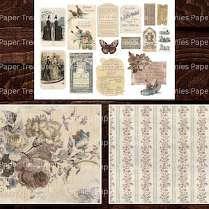 May include: A collection of vintage ephemera, including botanical prints, illustrations of people, and antique advertisements. The color palette is muted with shades of beige, brown, and blue, creating a nostalgic aesthetic. The items are arranged on a dark wood surface.