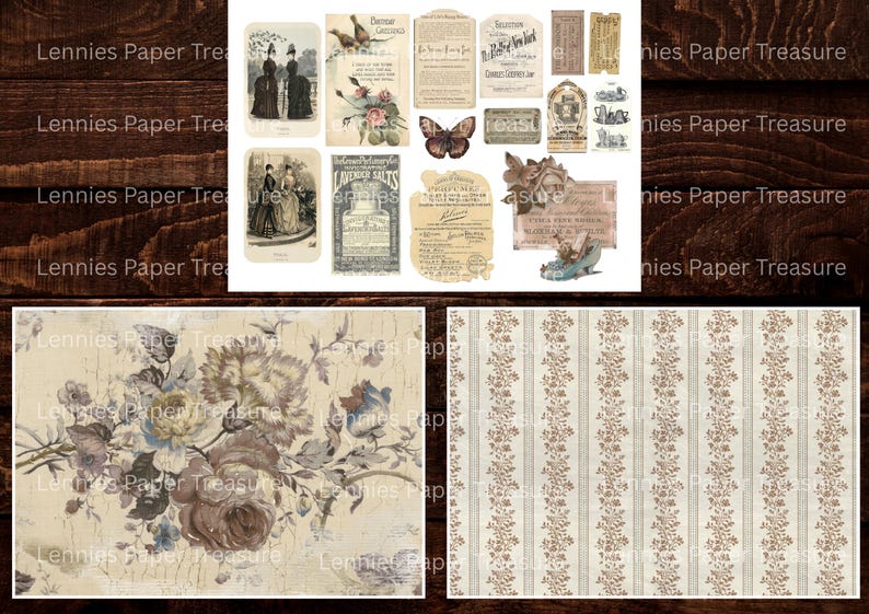 May include: A collection of vintage ephemera, including botanical prints, illustrations of people, and antique advertisements. The color palette is muted with shades of beige, brown, and blue, creating a nostalgic aesthetic. The items are arranged on a dark wood surface.