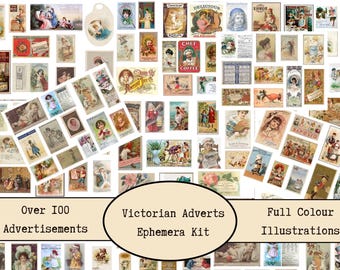 100+ Vintage Adverts | Printable Ephemera Ads | Junk Journal Scrapbooking | Antique Fussy Cuts | Advertising | Old Advert Labels Collage PDF