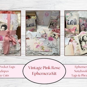 Vintage Pink Rose Folio Kit | Pink Floral Digital Kit | Printable Ephemera | Pink Junk Journal Digital Ephemera | Junk Journal Vintage Kit