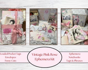 May include: A Vintage Pink Rose Ephemera Kit featuring loaded pocket tags, envelopes, and fussy cuts. The kit includes ephemera, notebooks, and tags & phrases. The items are in shades of pink, cream, and white, with vintage photographs and lace.