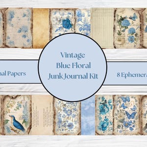 Vintage Blue Floral Junk Journal Kit. Printable Pages, Shabby Chic Ephemera, Tags, Fussy Cuts. Digi kit, scrapbook papers, instant download