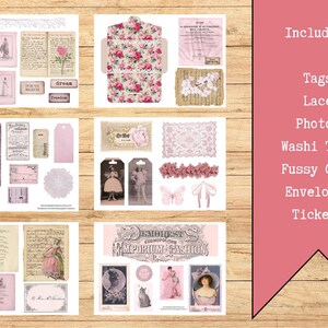 May include: A collection of vintage-style ephemera in shades of pink and cream, including tags, lace, photos, washi tape, fussy cuts, envelopes, and tickets. The items are arranged on a wooden surface, with a pink banner that lists the included items.