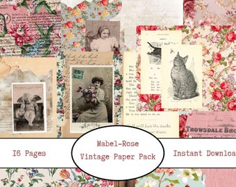 Mable-Rose Printable Junk Journal Paper Pack | Digital Download | Vintage Collage Paper Bundle | Collage Papers | Pink Floral Paper Pack