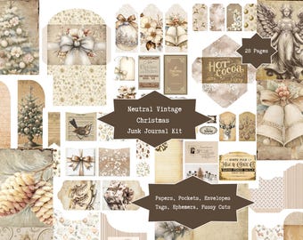 Vintage Christmas Junk Journal Kit | Printable Neutral Pages, Ephemera, Fussy Cuts | Scrapbook Supplies | Winter Holiday Crafting Digitals