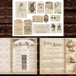 May include: A collection of vintage ephemera, including labels, tags, and advertisements. The items feature sepia tones and antique illustrations, with text such as "OPIUM" and "FREAR'S+BAZAAR". The overall theme is historical and nostalgic.