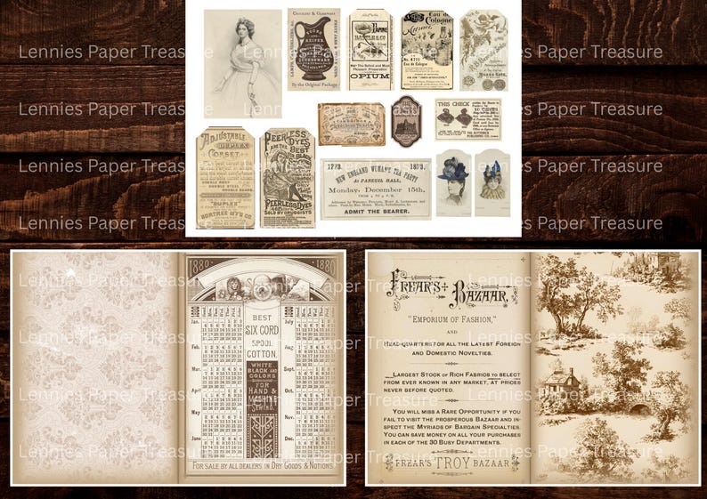 May include: A collection of vintage ephemera, including labels, tags, and advertisements. The items feature sepia tones and antique illustrations, with text such as "OPIUM" and "FREAR'S+BAZAAR". The overall theme is historical and nostalgic.