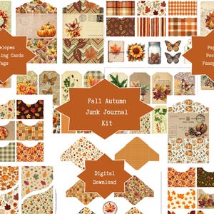 Peut inclure: Un kit de journal créatif numérique comprenant des éléments de papeterie sur le thème de l'automne, tels que des enveloppes, des cartes, des étiquettes, des pochettes et des découpes. Motifs de feuilles, citrouilles, tournesols et carreaux.