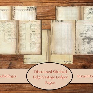 Distressed Stitched Edge Vintage Ledger Pages, Printable Junk Journal Pages, scrapbook backgrounds, ledger pages, grungy papers, digital