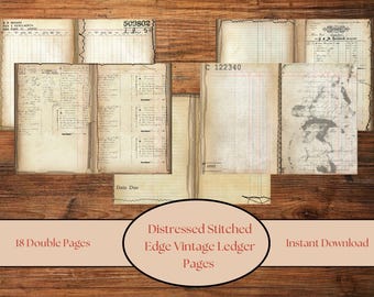 Distressed Stitched Edge Vintage Ledger Pages, Printable Junk Journal Pages, scrapbook backgrounds, ledger pages, grungy papers, digital