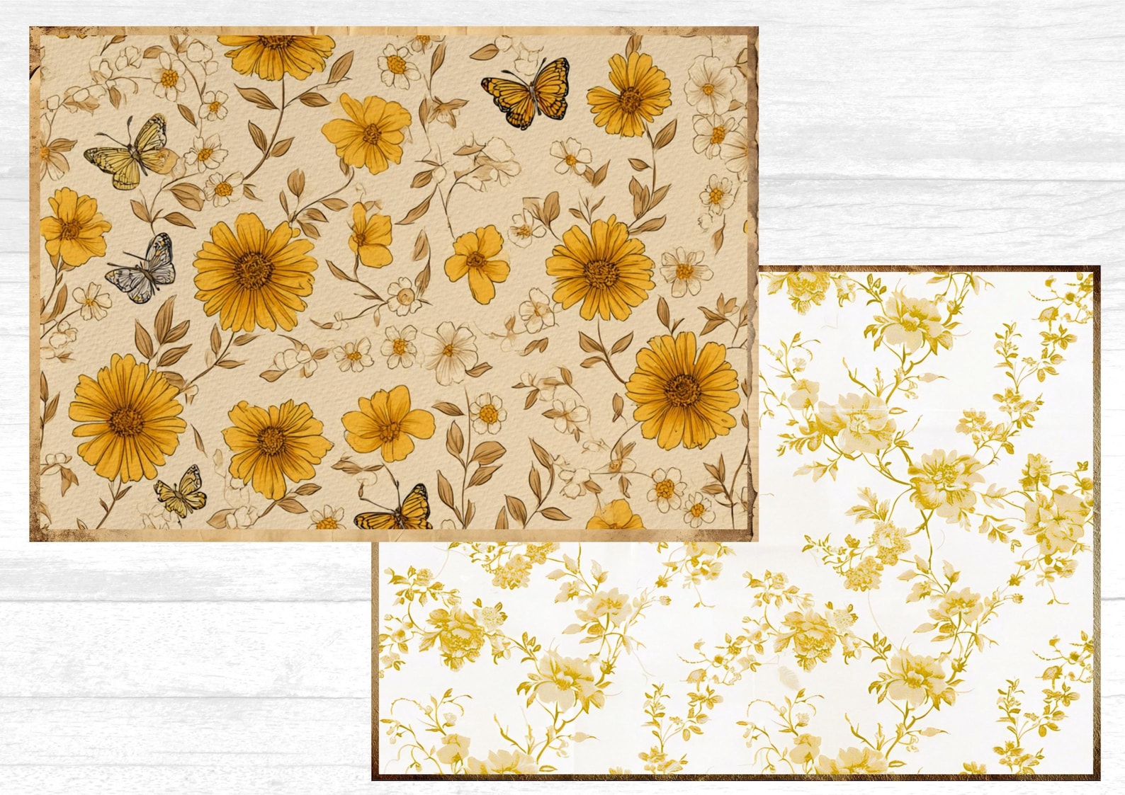 Vintage Yellow Cottagecore Digital Papers | Floral Pattern Paper Pack ...