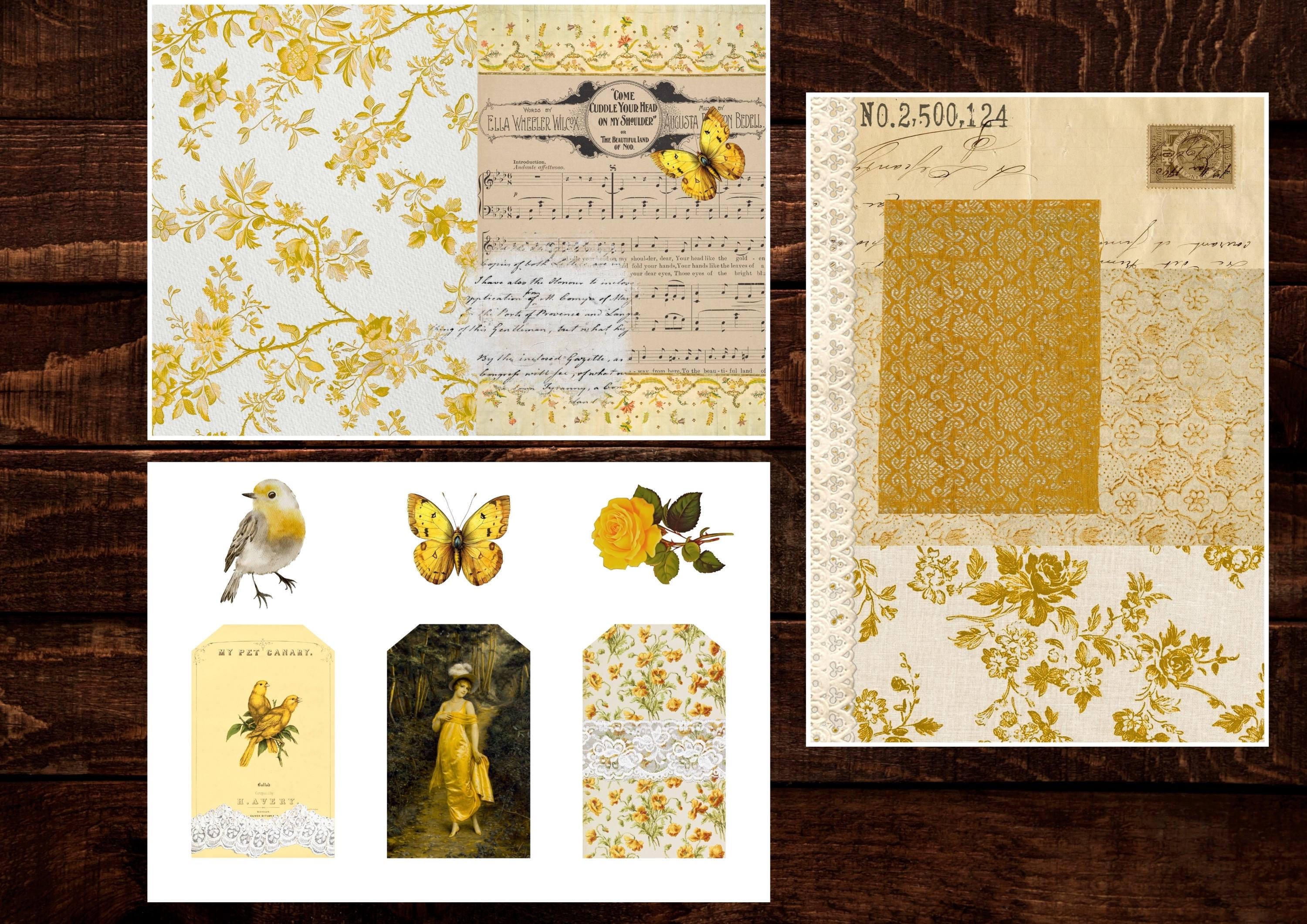 Antique Yellow Digital Junk Journal Kit | Printable Vintage Collage ...