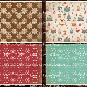 May include: Four patterned papers with a vintage aesthetic. The top left features snowflakes on a brown background. The top right has a pattern of cupcakes, trees, and cups. The bottom left is red with snowflakes, and the bottom right is teal with snowflakes.