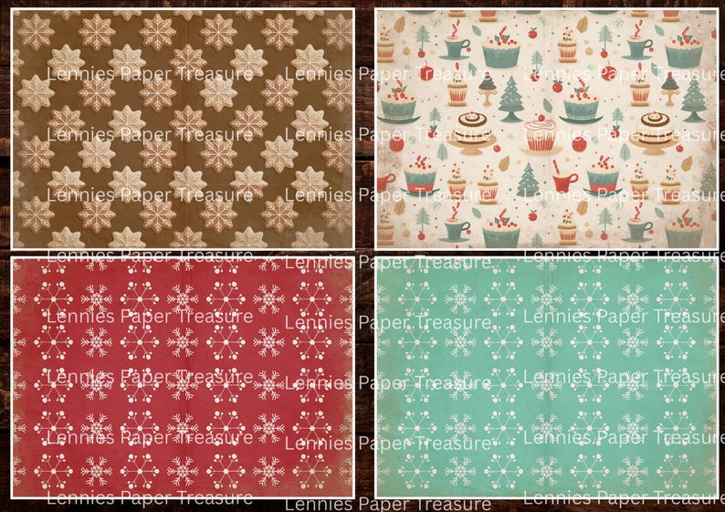 May include: Four patterned papers with a vintage aesthetic. The top left features snowflakes on a brown background. The top right has a pattern of cupcakes, trees, and cups. The bottom left is red with snowflakes, and the bottom right is teal with snowflakes.
