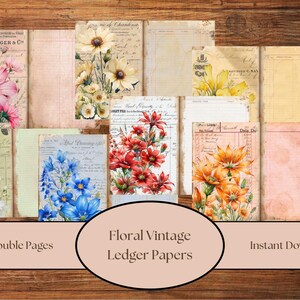 Floral Vintage Ledger Pages, Printable Junk Journal Papers, scrapbook backgrounds, antique ledgers, shabby, wildflowers, old ledger pages