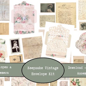 May include: A collection of vintage-style envelopes and ephemera, featuring floral and lace designs. The image includes various paper textures, handwritten notes, and antique photographs. The text reads "Envelopes & Ephemera" and "Keepsake Vintage Envelope Kit."