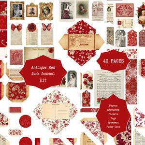 May include: A vintage-style junk journal kit in shades of red, featuring floral patterns, portraits, and various ephemera. The kit includes papers, envelopes, pockets, and tags. Text includes "Antique Red Junk Journal Kit" and "40 PAGES".