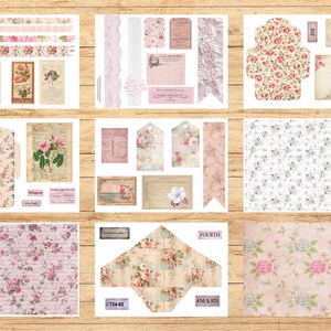 May include: A collection of vintage-style paper ephemera, including tags, envelopes, and patterned sheets. The designs feature floral patterns, lace, and script, in shades of pink, cream, and beige. The items are arranged on a wooden surface.