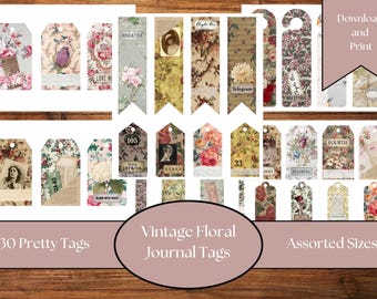 Shabby chic blommiga vintage skräpjournaletiketter | Digitalt utskrivbara efemera | Utskrivbara journalingdekorationer | Vackra etiketter | Digitala etiketter