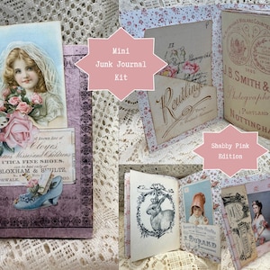 May include: A mini junk journal kit in a shabby pink edition. The kit includes a journal with vintage-style pages and decorative elements, such as a picture of a woman with flowers, a butterfly, and a blue shoe. Other pages have vintage ephemera.