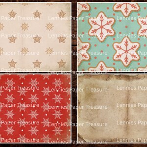 May include: Four patterned paper designs. One features a cream background with gold stars and snowflakes. Another has a teal background with gingerbread snowflake shapes. A third has a red background with white snowflakes. The fourth is a blank, aged paper.